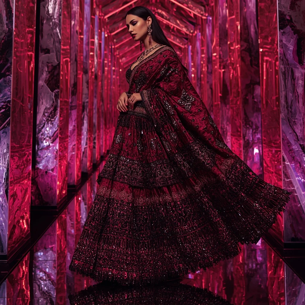 Crimson Nova Mirror Saree with Floating Infinity Crystal Hallways | Indian Girl Ai Prompt
