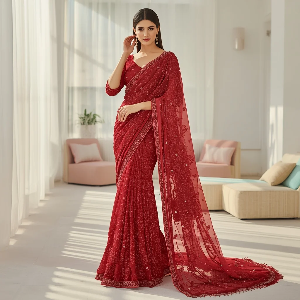Crimson Red Heavy Sequin Couture Saree Viral Look | Lighting Ai Prompt