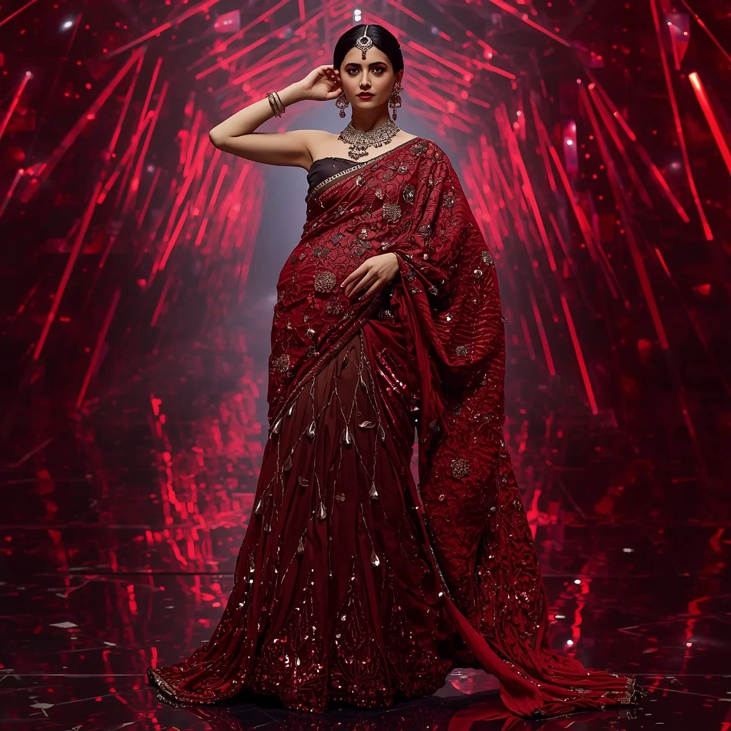 Crimson Titanium Eclipse Saree with Dynamic Laser Galaxy Tunnels | Gemini Ai Prompt