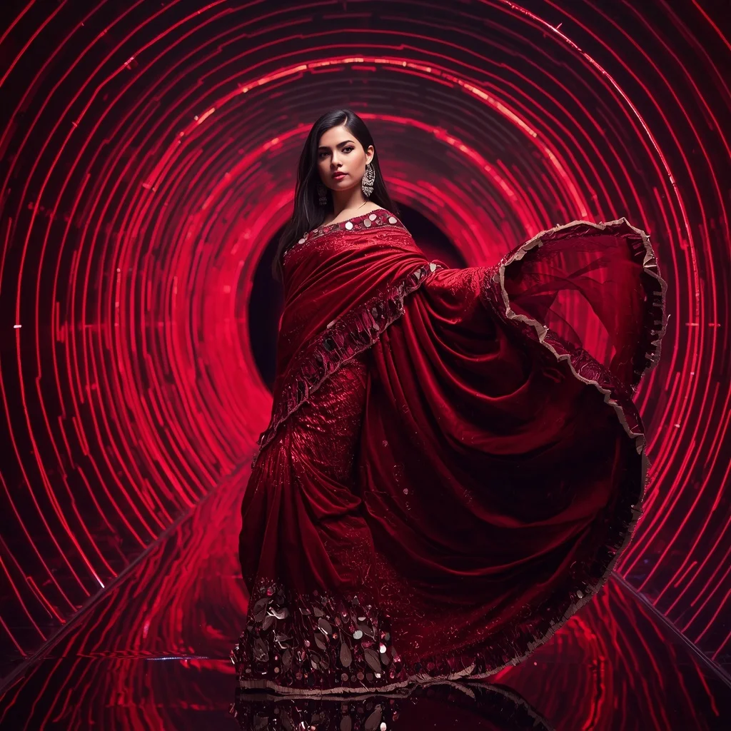 Crimson Titanium Infinity Saree with Dynamic Laser Spiral Corridors | Ai Gemini Prompt