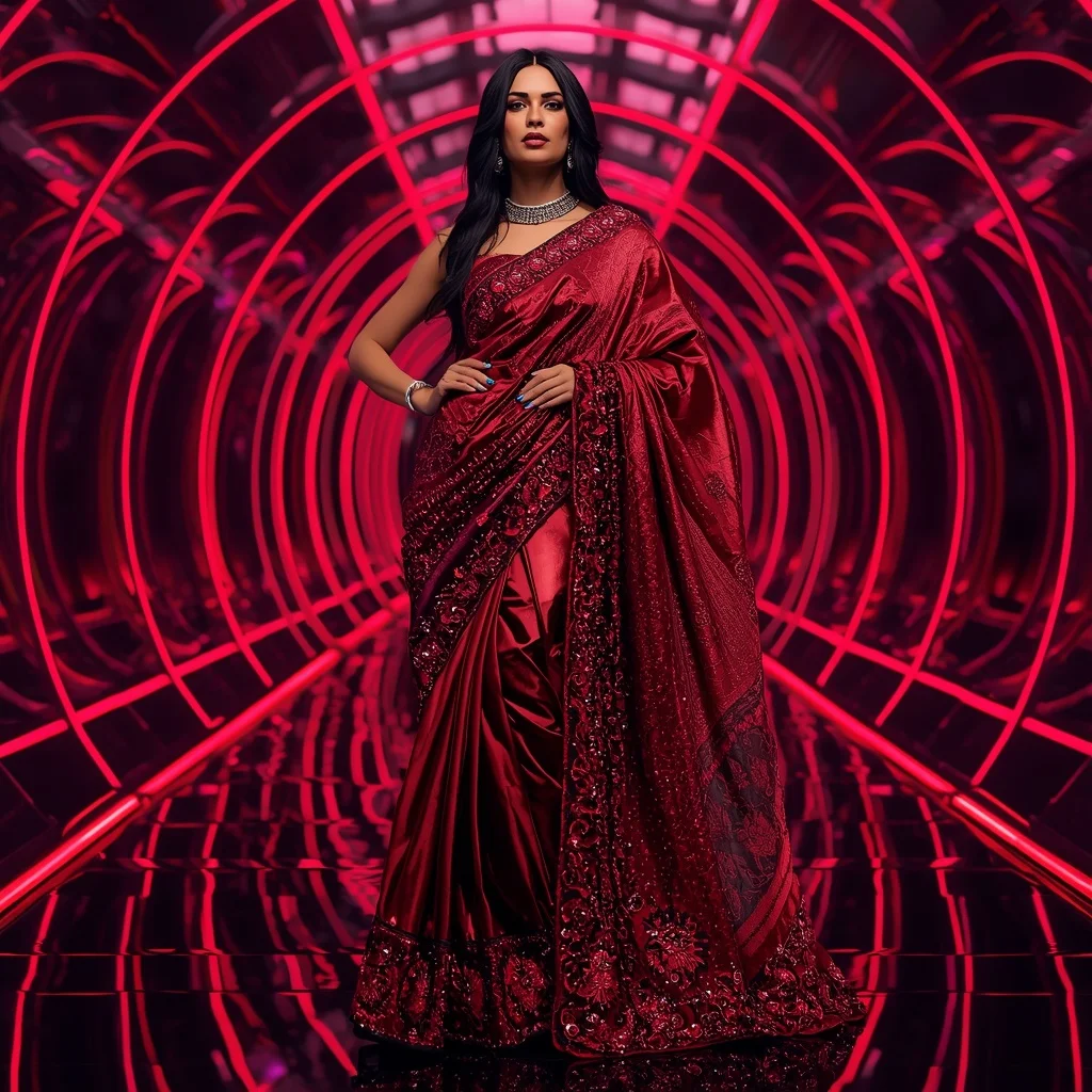 Crimson Titanium Quantum Saree with Dynamic Laser Spiral Corridors | Instagram Viral Photo Prompt