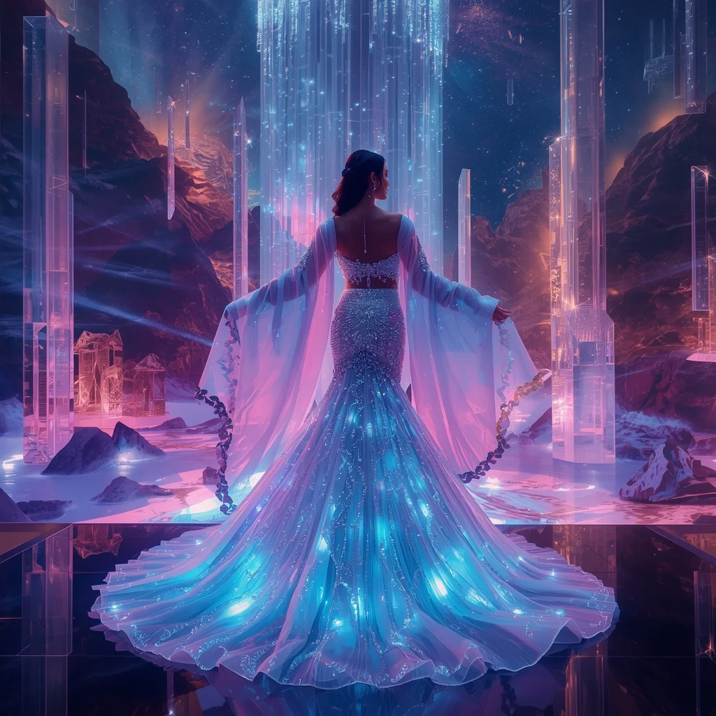 Crystal Aurora Canyon Saree with Floating Light Valley Empire | Prompt Seen Girl