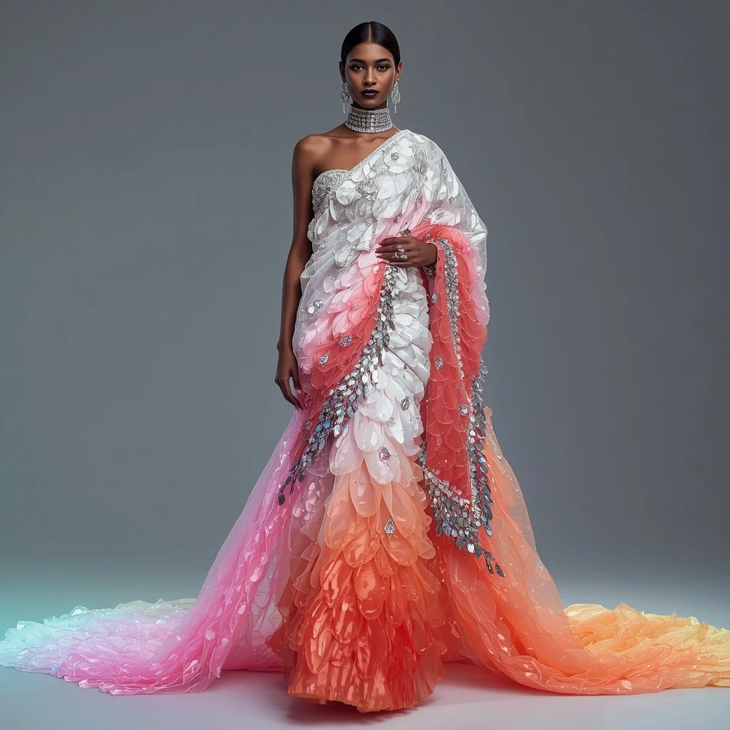 Crystal Aurora Flame Saree with Hologram Wave Infinity Cathedral | Instagram Viral Photo Prompt