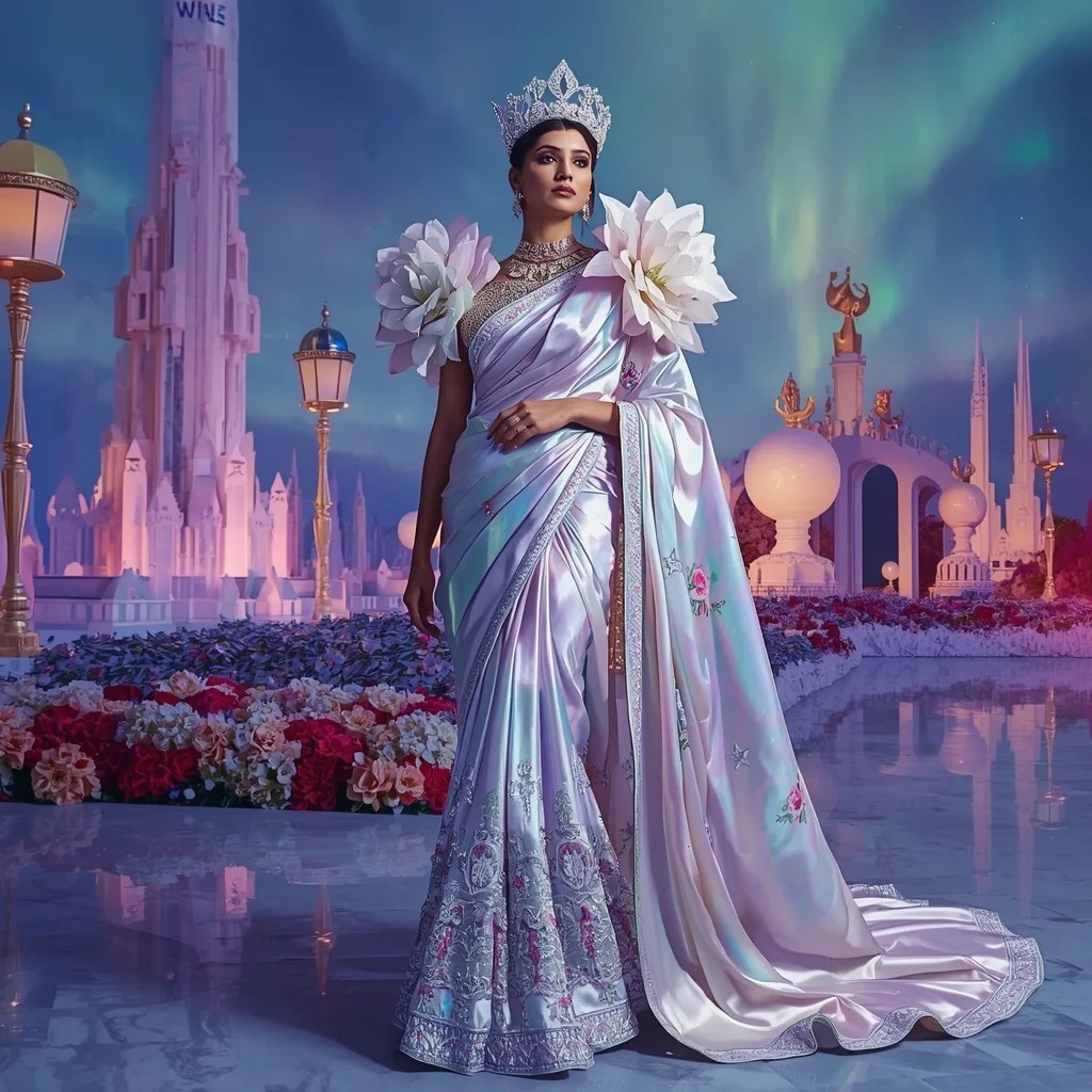 Crystal Aurora Garden Palace Saree with Polar Floral Empire | Cute Ai Prompt