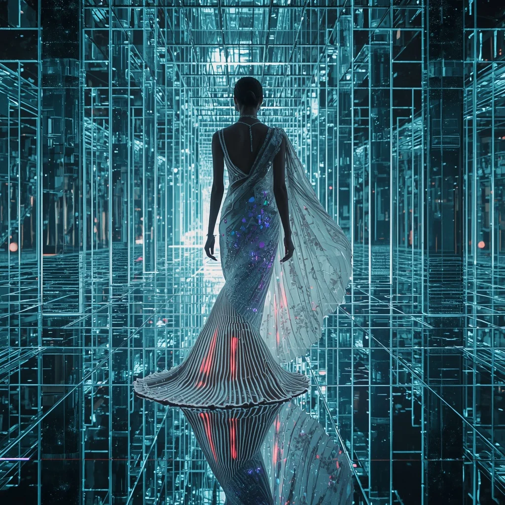 Crystal Aurora Mirror Maze Saree with Infinite Light Labyrinth Universe | Ai Art Prompt