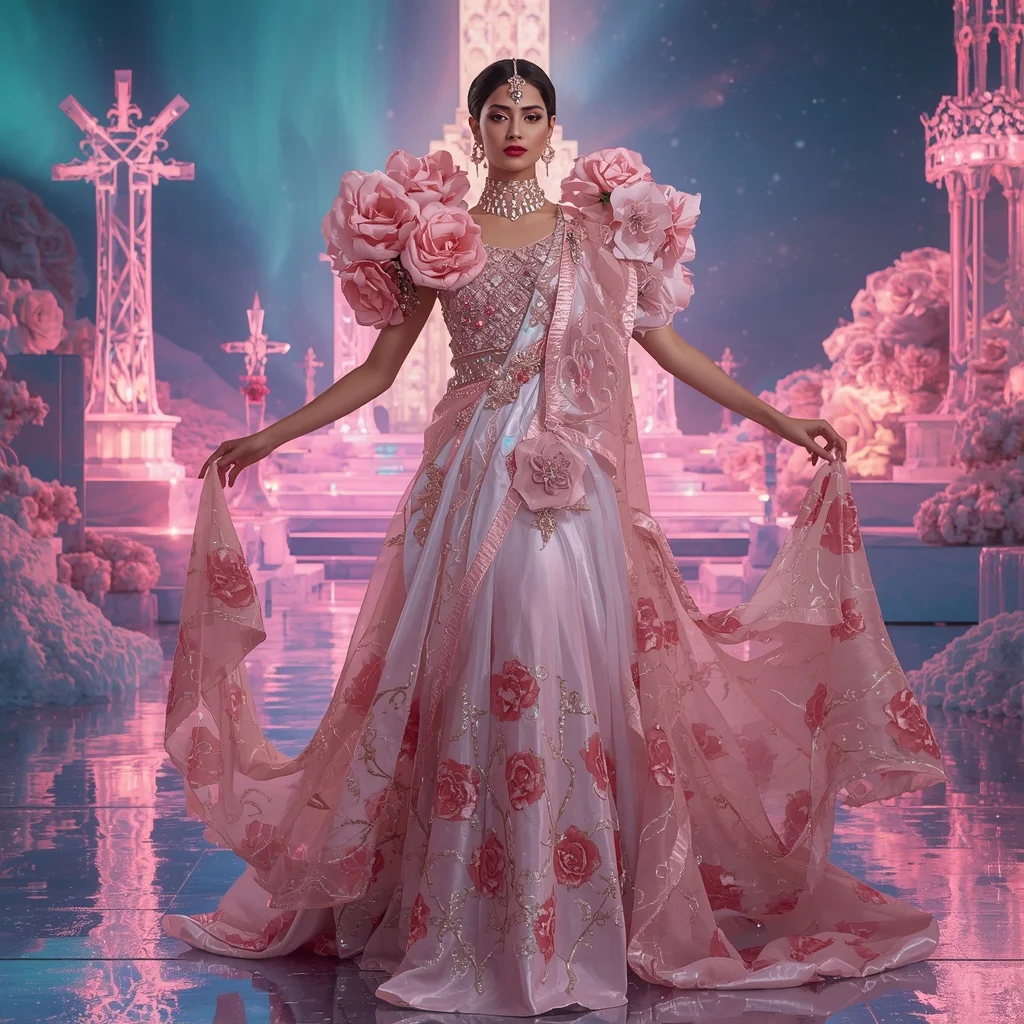 Crystal Aurora Rose Cathedral Saree with Polar Bloom Dominion | Instagram Girl Gemini Prompt