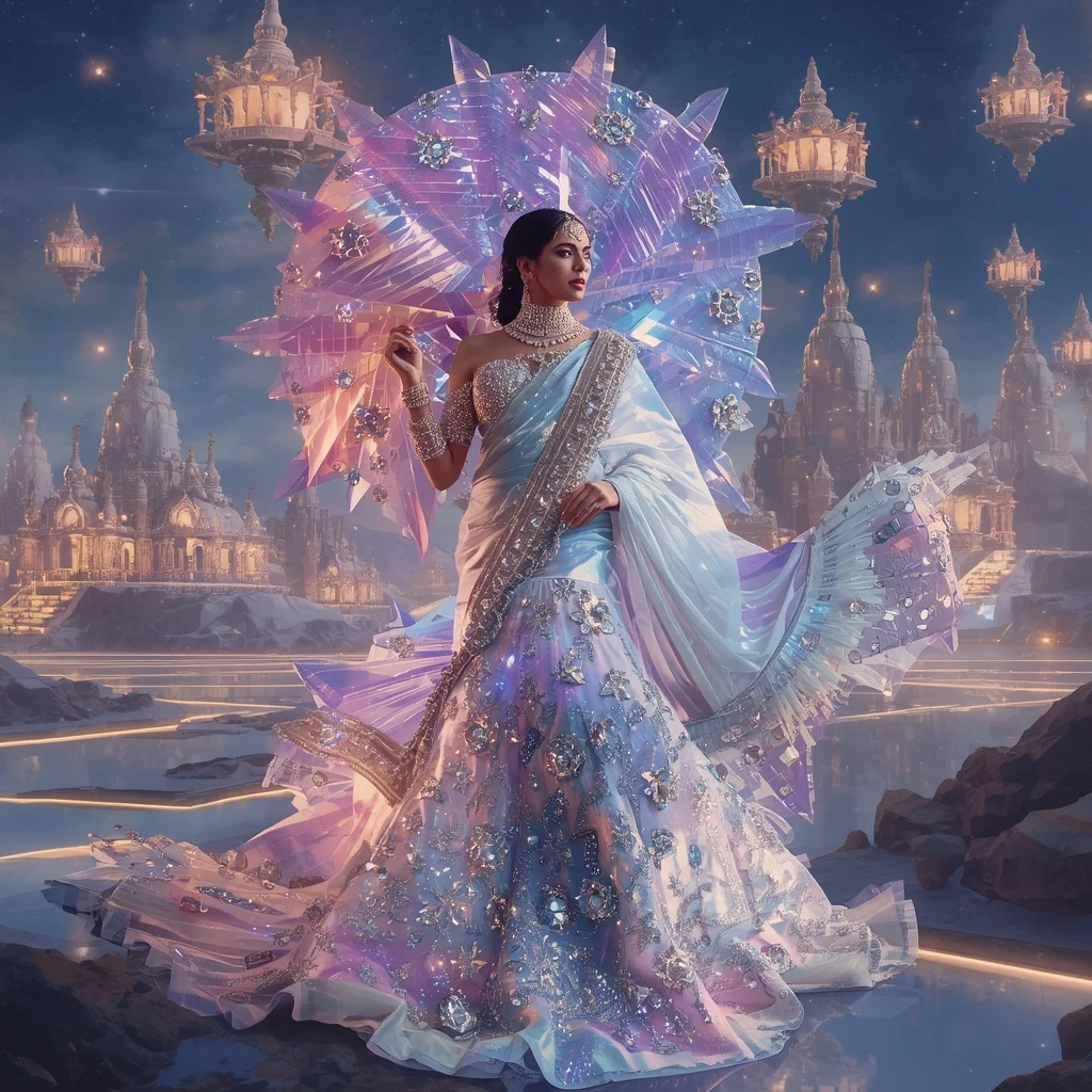 Crystal Aurora Temple Saree with Floating Celestial Festival Kingdom | Prompt Seen Girl Photo Editing Chatgpt Download