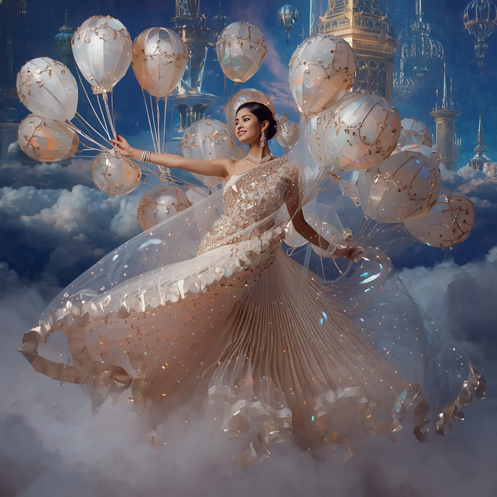 Crystal Balloon Festival Saree with Floating Celebration Cloud City | Gemini Prompt