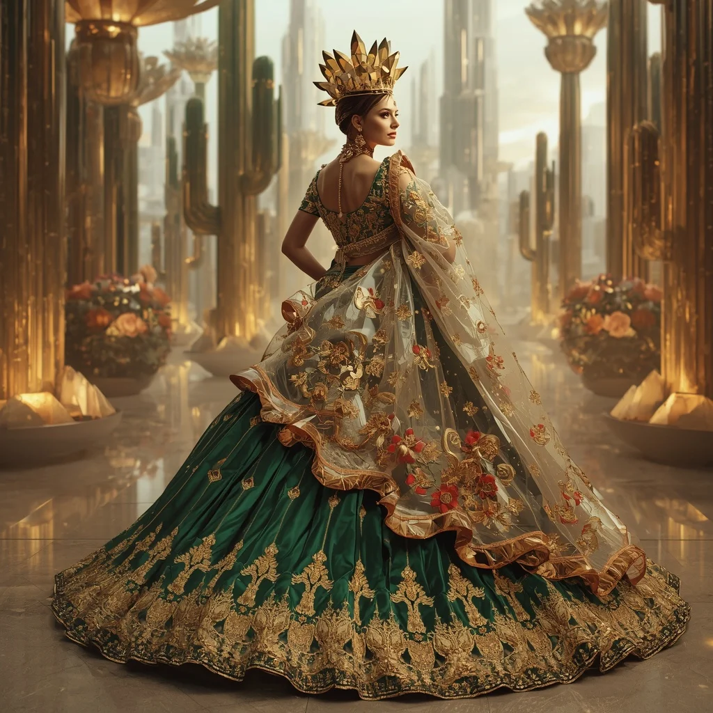 Crystal Cactus Crown Saree with Desert Bloom Infinity Megacity | Gemini Photo Prompt