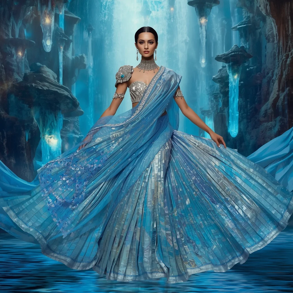 Crystal Canyon Waterfall Saree with Floating Prism River Empire | Wedding Ai Prompt