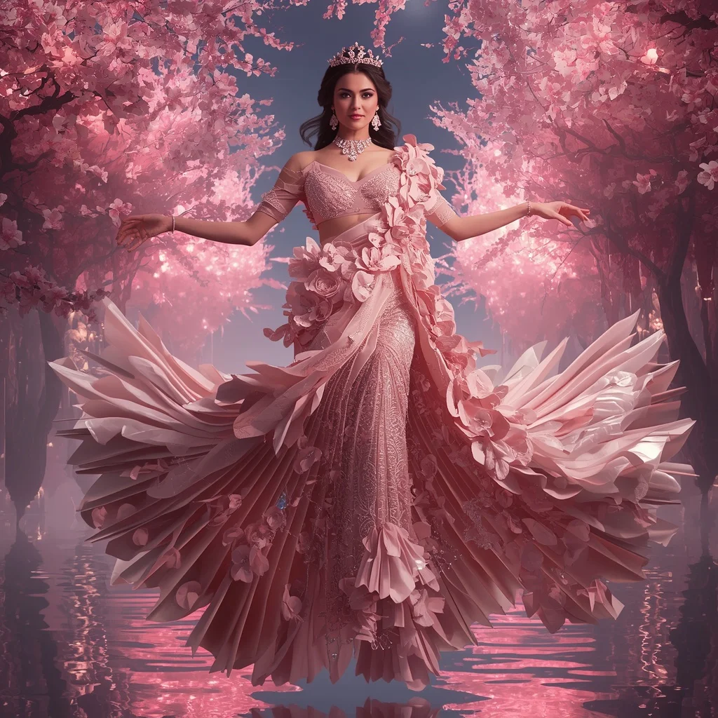 Crystal Cherry Blossom Saree with Floating Petal River Empire | Prompt Engineering