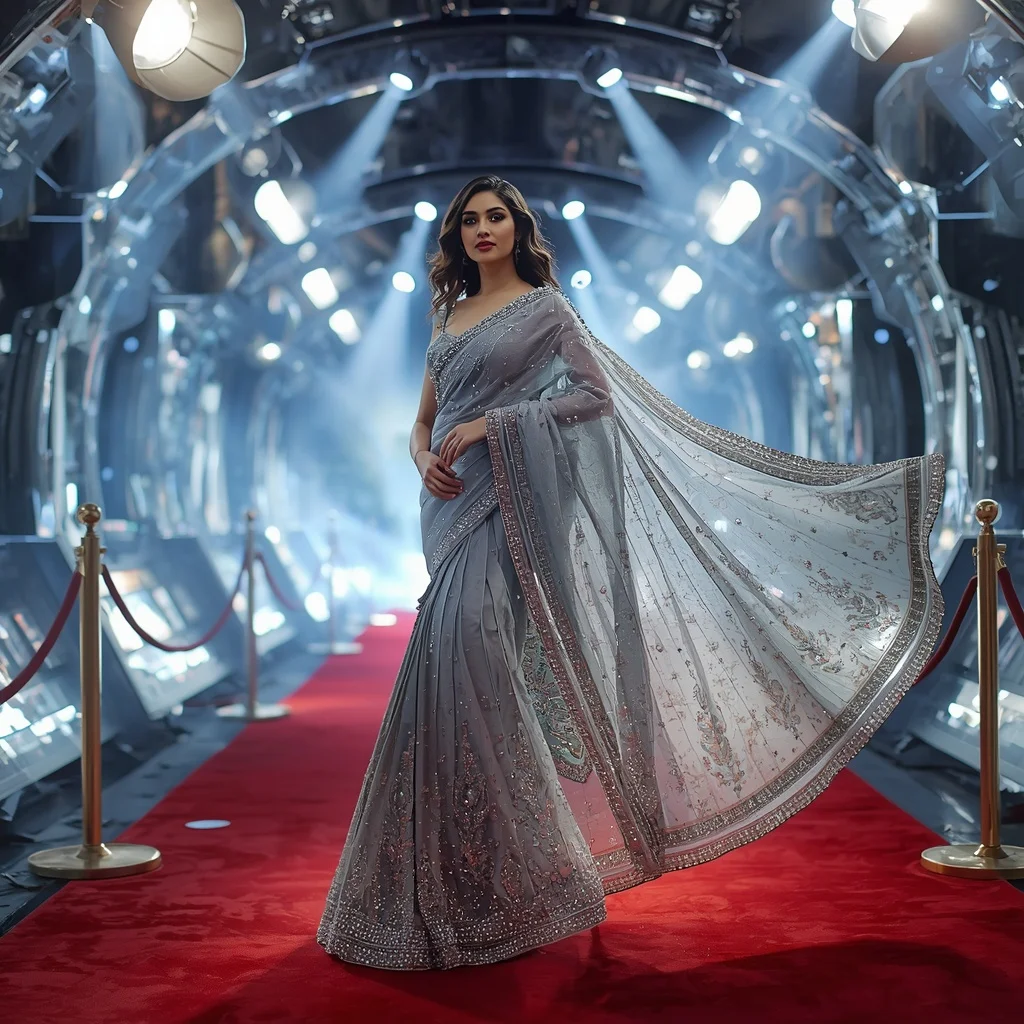 Crystal Cinema Dome Saree with Floating Luxury Film Universe | Bridal Ai Prompt