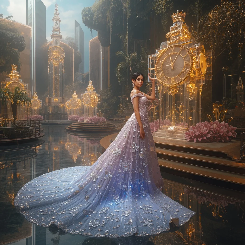 Crystal Clock Tower Saree with Floating Royal Time Garden | Gemini Ai Prompt