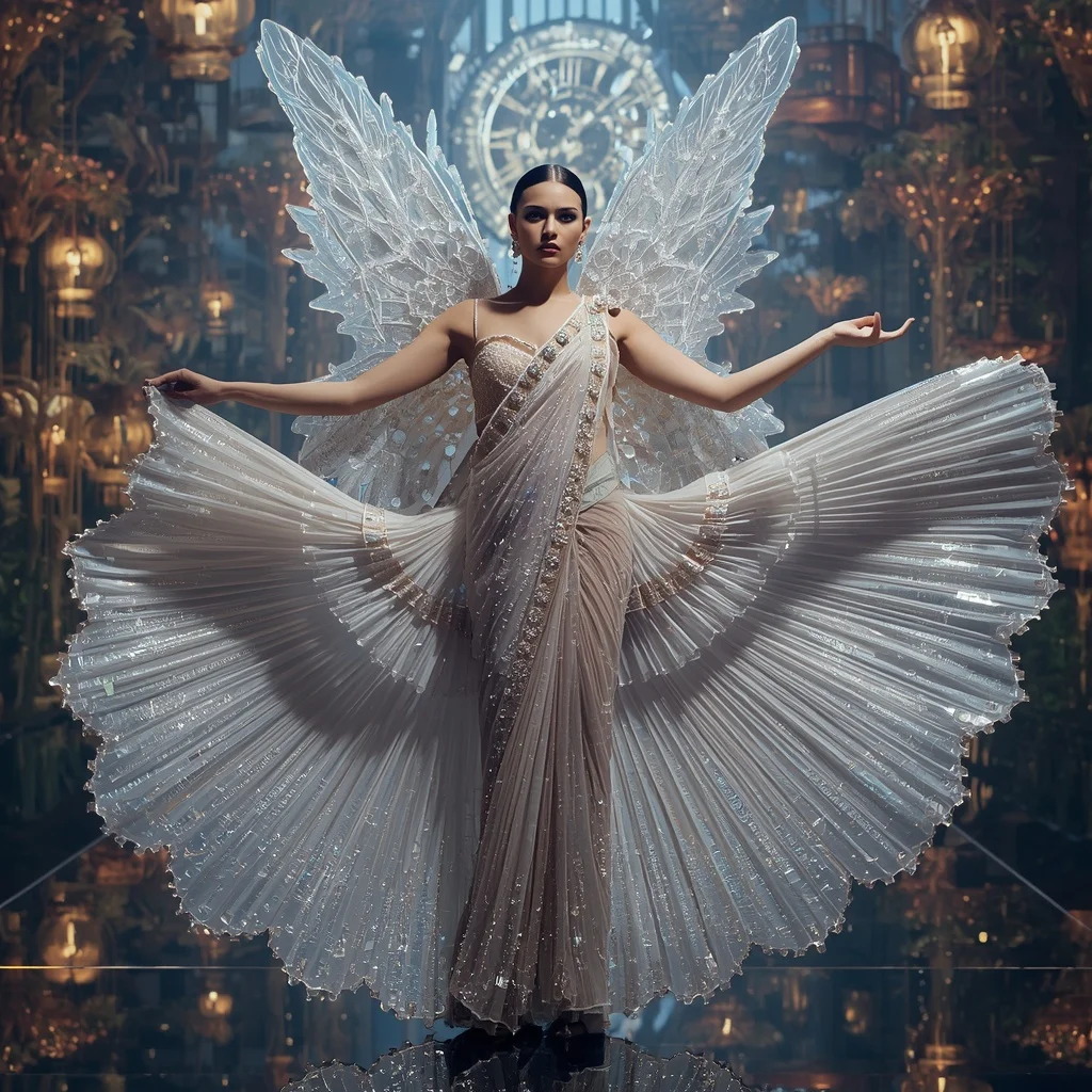 Crystal Clockwork Butterfly Saree with Floating Time Garden Empire | Prompt For Gemini Ai Girl Model Instagram