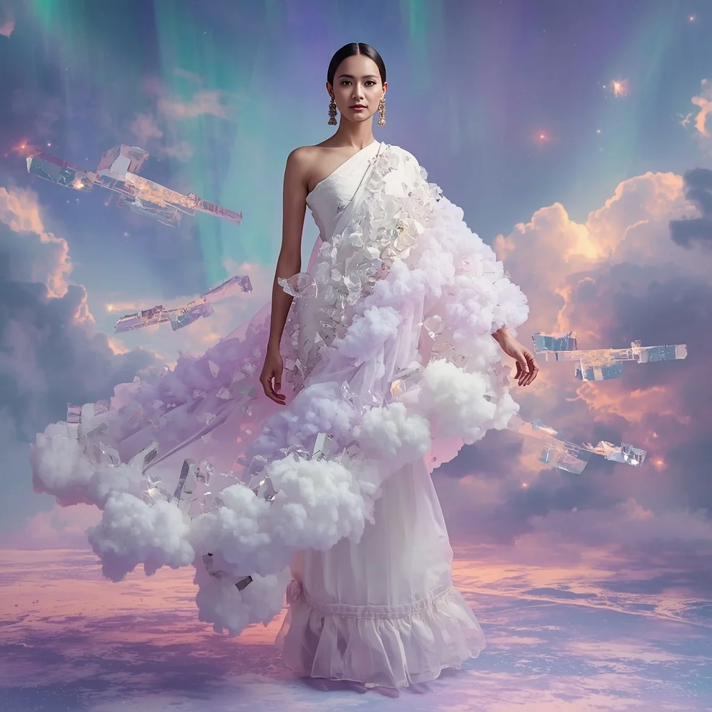 Crystal Cloud Structure Saree with Floating Sky Bloom Field | Woman Pose Ai Prompt