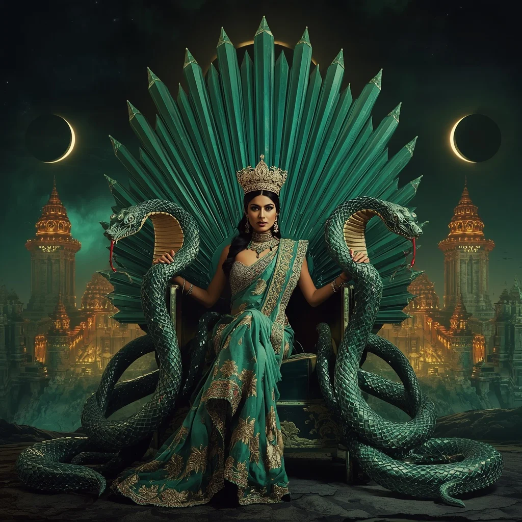 Crystal Cobra Crown Saree with Emerald Eclipse Fortress | Instagram Aesthetic Ai Prompt