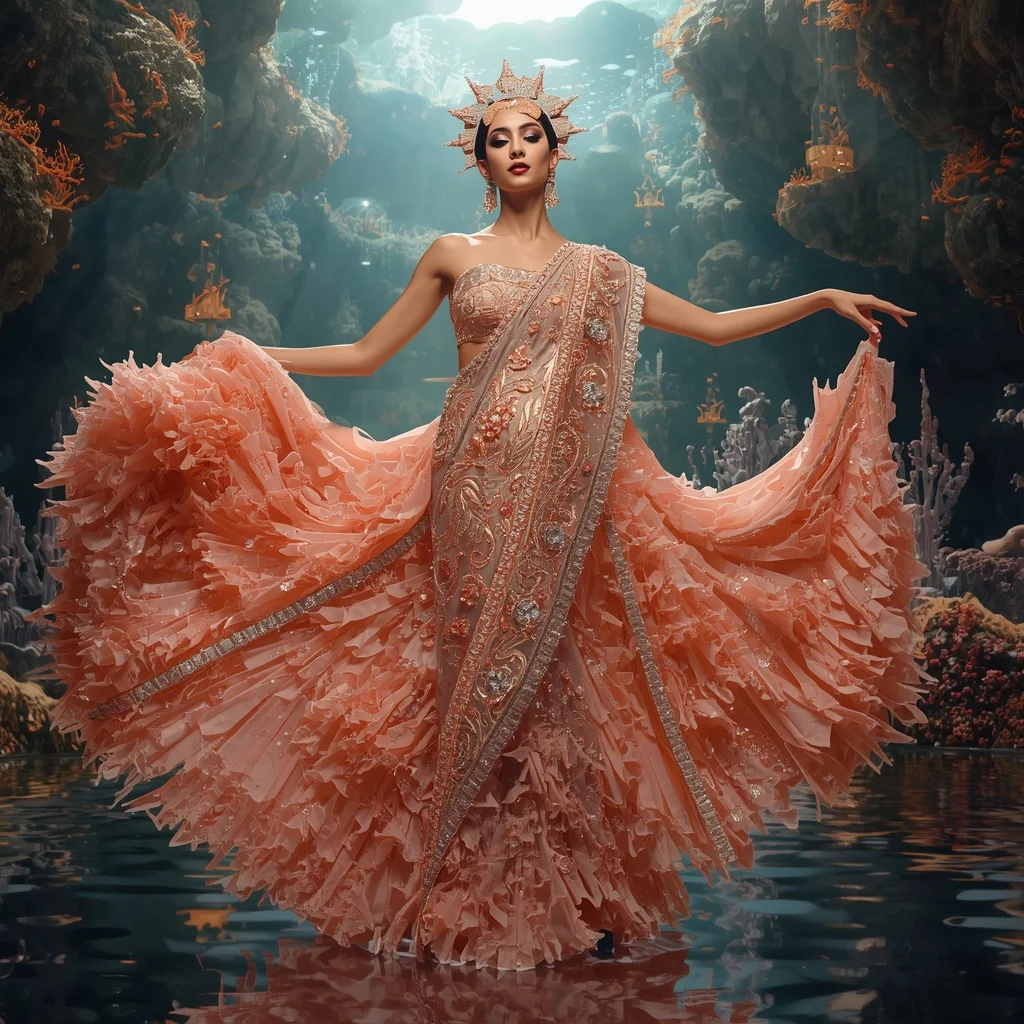 Crystal Coral Palace Saree with Floating Reef Cathedral | Instagram Carousel Ai Prompt