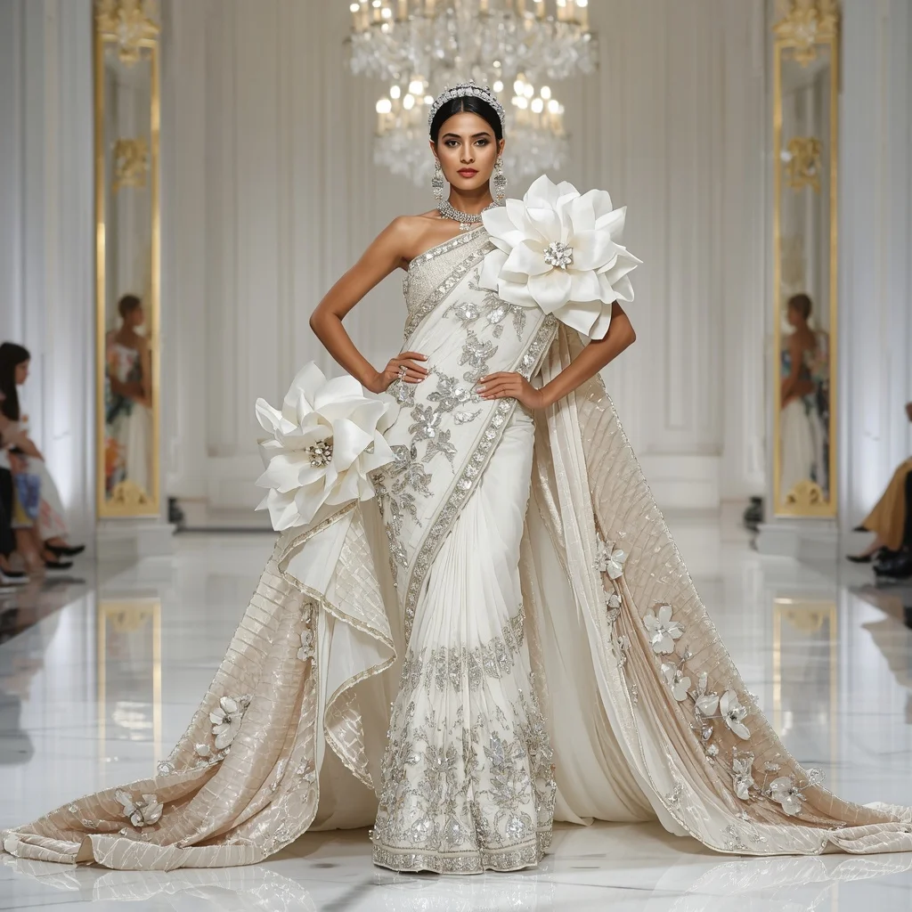 Crystal Crown Blossom Saree with Royal White Palace Hall | Fantasy Ai Prompt