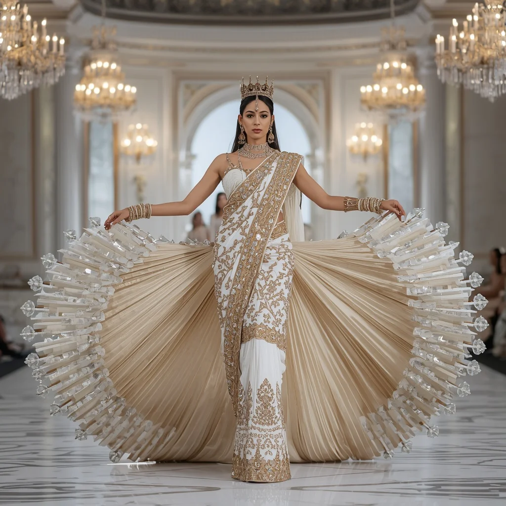 Crystal Crown Palace Saree with Royal White Dome Hall | Chatgpt Prompt