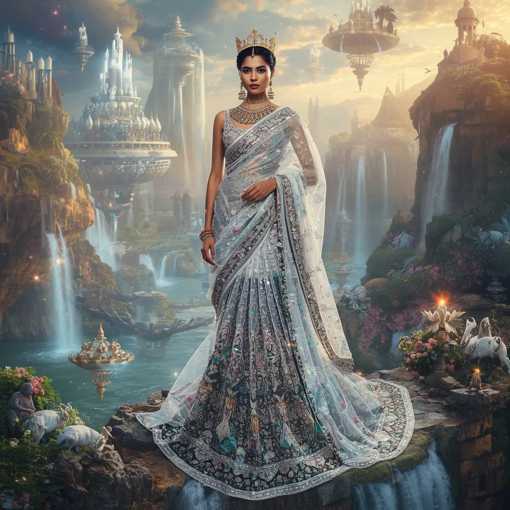 Crystal Crown Waterfall Saree with Floating Royal Paradise | Prompt Ai For Girl Instagram