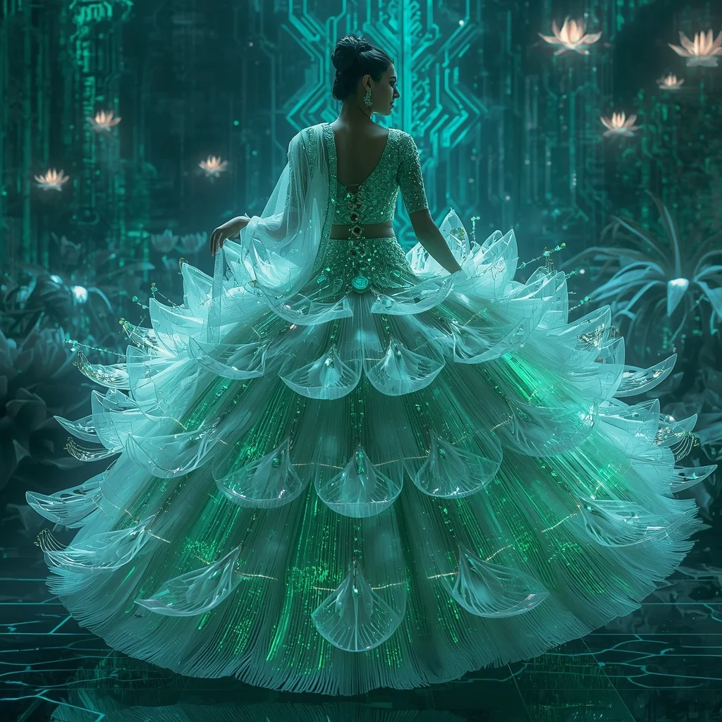 Crystal Cyber Lotus Saree with Neon Bio-Digital Garden Empire | New Instagram Trend Prompt For Girl And Boy Aesthetic