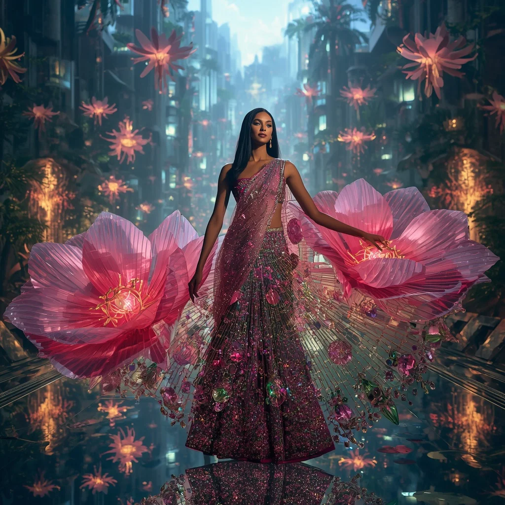 Crystal Dragonfruit Bloom Saree with Floating Tropical Prism City | Midjourney Prompt List