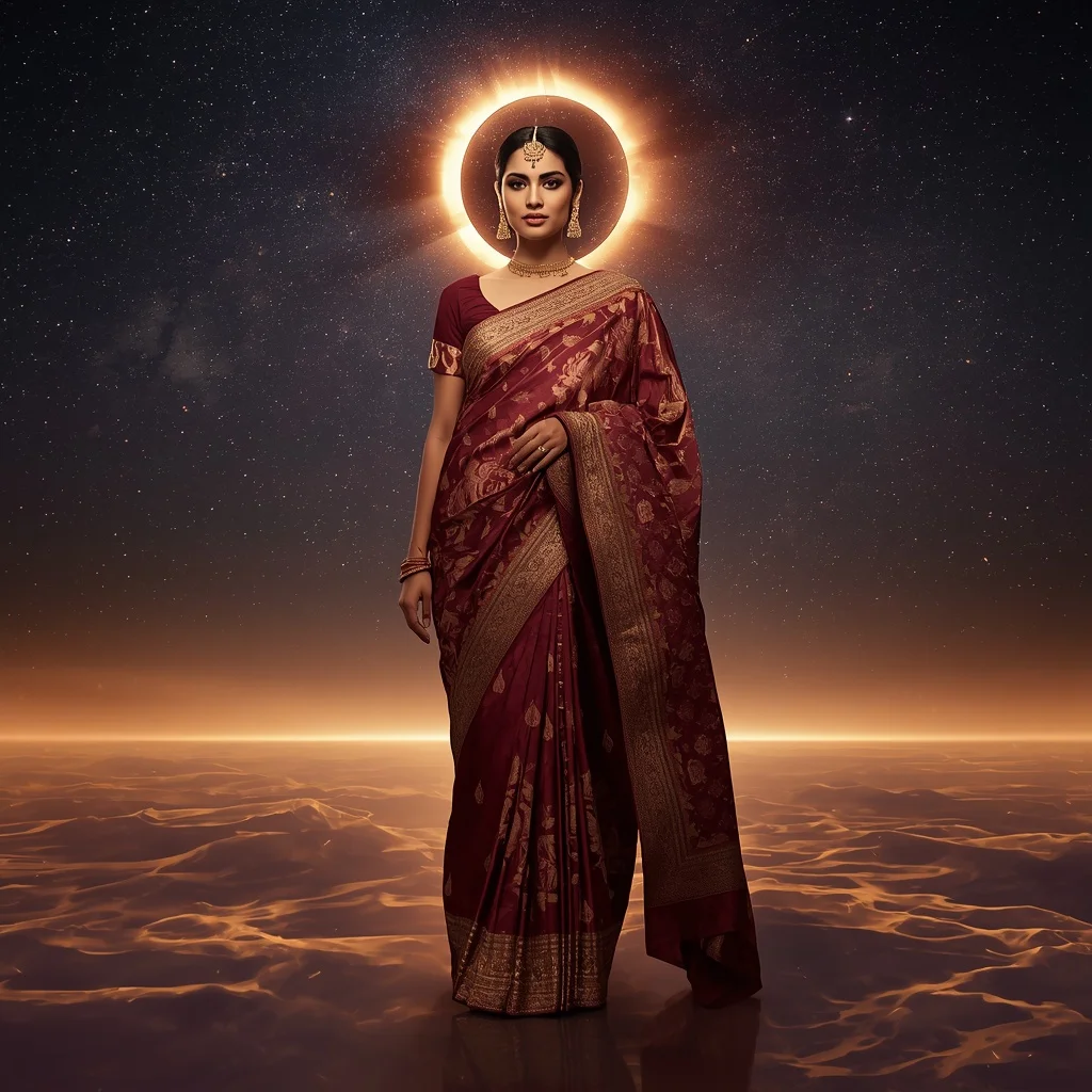 Crystal Eclipse Halo Saree with Floating Celestial Reflection Fortress | Saree Ai Prompt