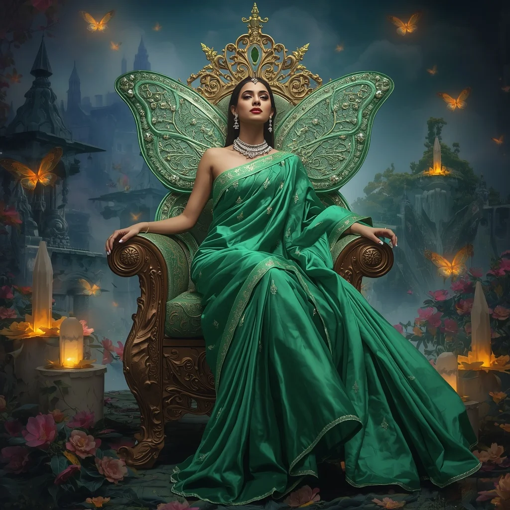 Crystal Emerald Butterfly Throne Saree with Floating Floral Kingdom | Face Ai Prompt