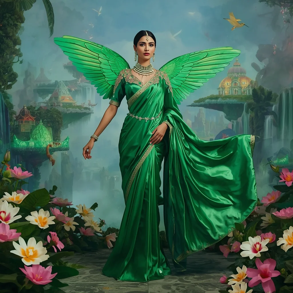 Crystal Emerald Hummingbird Palace Saree with Floating Paradise Empire | Ai Prompt For Reels