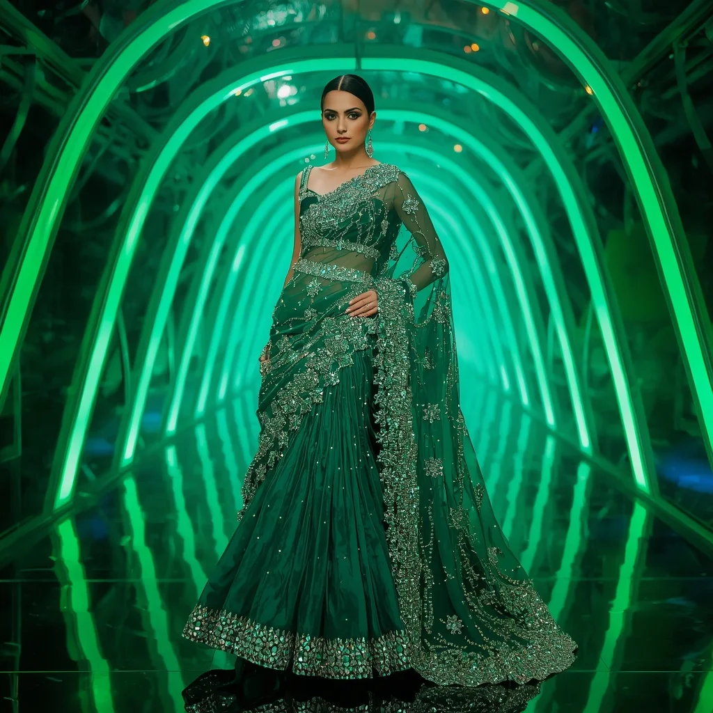 Crystal Emerald Velocity Saree with Neon Ribbon Reflection Galaxy Infinity Hall | Cute Girl Ai Prompt
