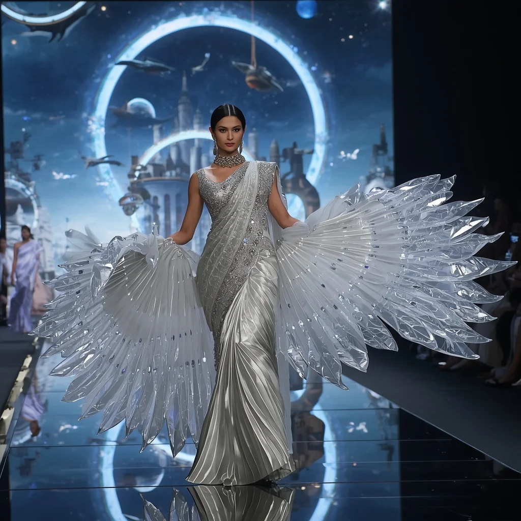 Crystal Falcon Orbit Saree with Floating Sky Ring Civilization | Prompt Engineering