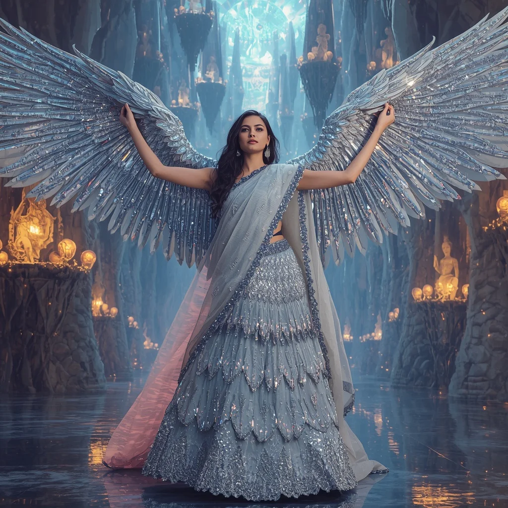 Crystal Falcon Wing Saree with Floating Sky Fortress Civilization | Prompt For Gemini AI Girl Style Trending Instagram