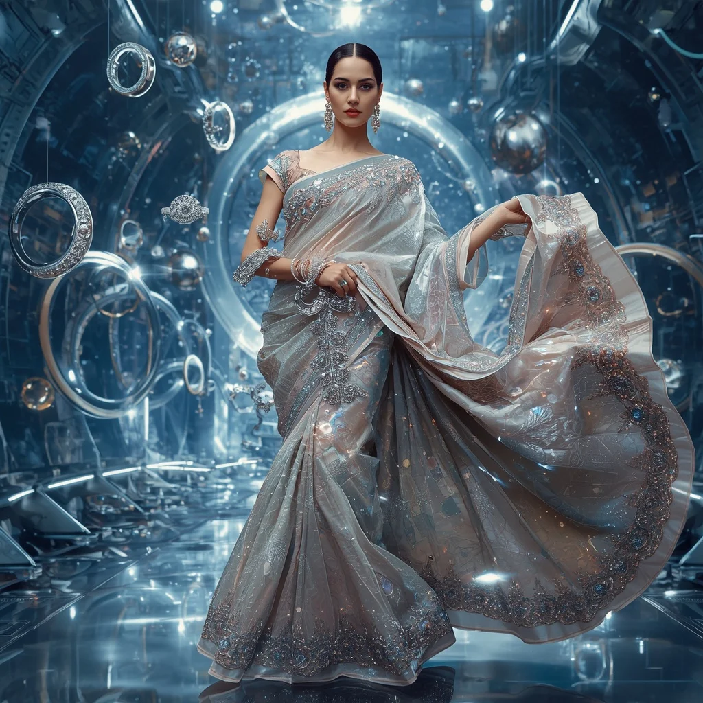 Crystal Fashion Galaxy Saree with Floating Luxury Ring Metropolis | Text To Image Prompt
