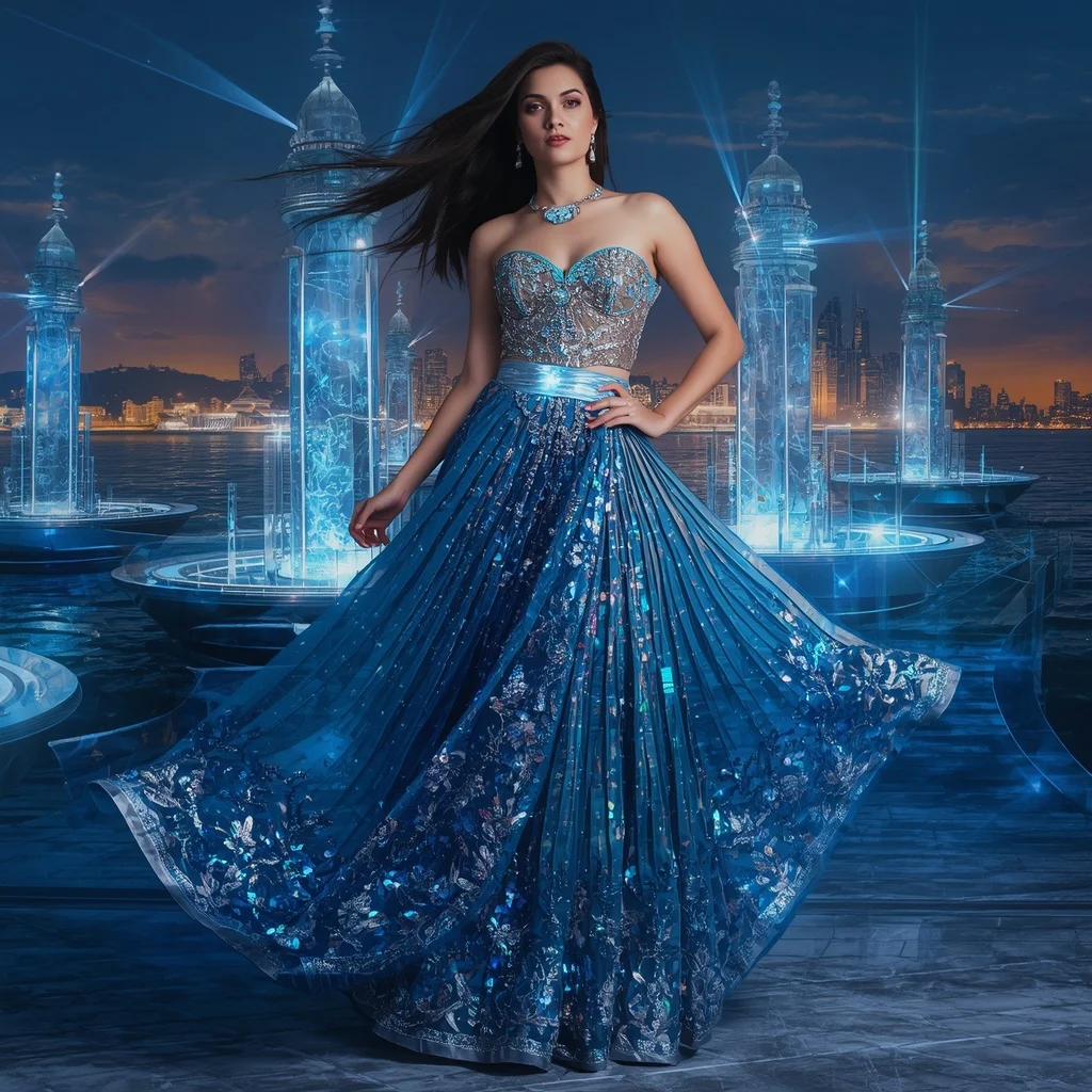Crystal Fashion Lighthouse Saree with Modern Coastal Skyline Realm | Fashion Ai Prompt
