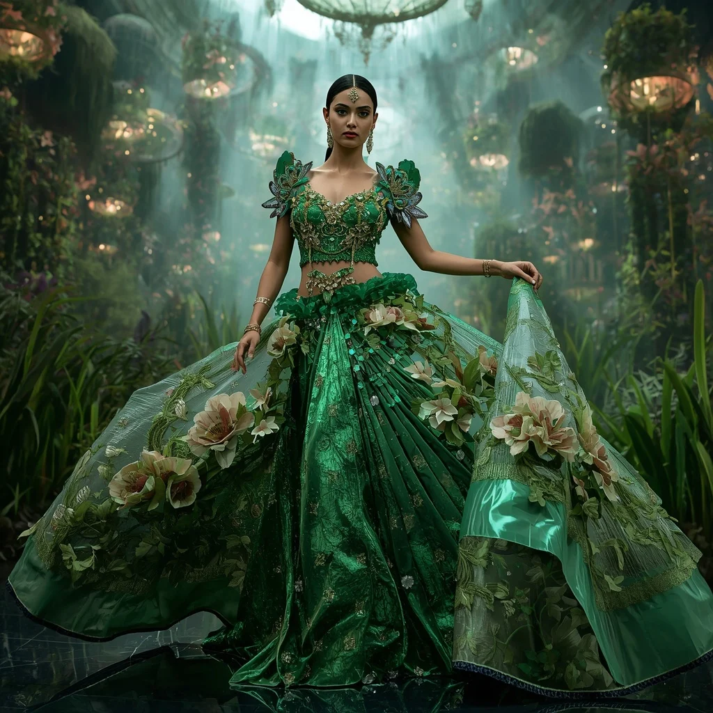 Crystal Fashion Observatory Saree with Giant Rotating Ring Gardens | Grok Ai Prompt