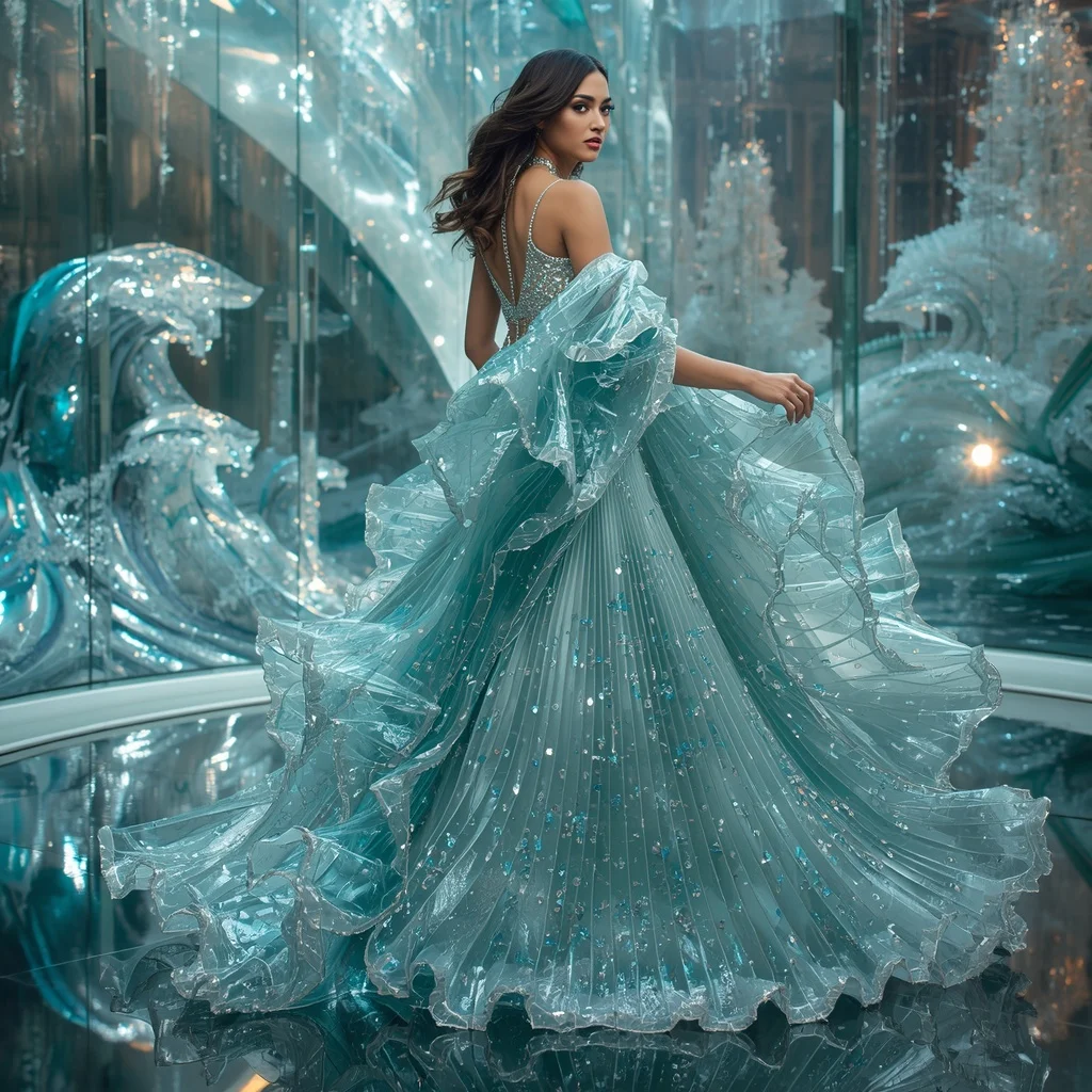 Crystal Fashion Wave Saree with Infinity Glass Atrium Realm | Travel Ai Prompt