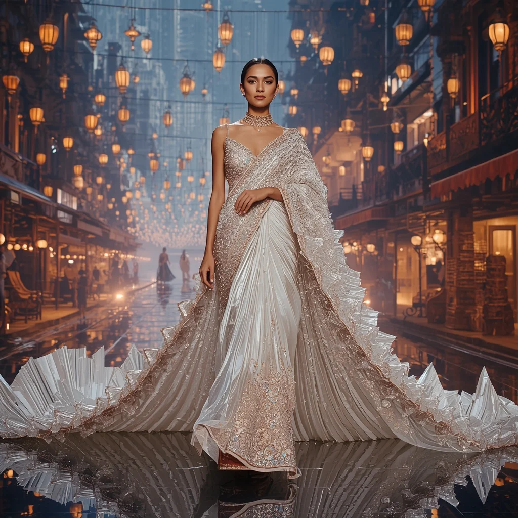 Crystal Floating Bazaar Saree with Hanging Lantern Sky Streets | Gemini Photo Editing Prompt