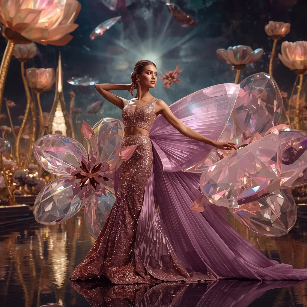 Crystal Geometric Bloom Saree with Luxury Sculpture Garden Universe | Lighting Ai Prompt