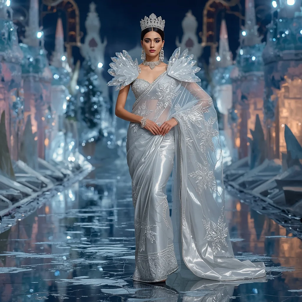 Crystal Glacier Garden Palace Saree with Frozen Reflection Empire | Viral Instagram Ai Prompt