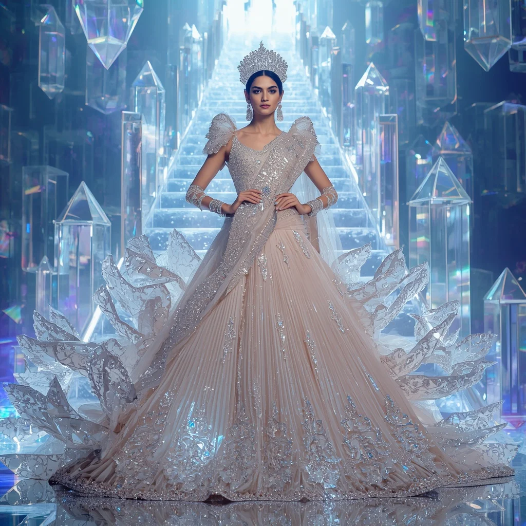 Crystal Glass Castle Saree with Floating Prism Stairway Kingdom | Prompt Image