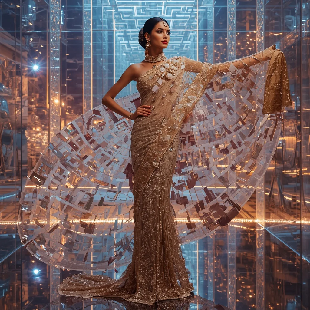 Crystal Glass Labyrinth Saree with Floating Reflection Maze Universe | Trending Prompts For Instagram For Girl