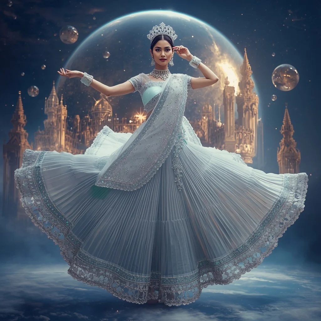 Crystal Gravity Crown Saree with Floating Anti-Gravity Royal Sphere | Festive Prompt