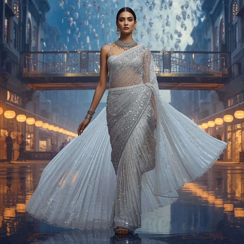 Crystal Hanging Moon Market Saree with Floating Festival Bazaar Universe | Desi Girl Ai Prompt