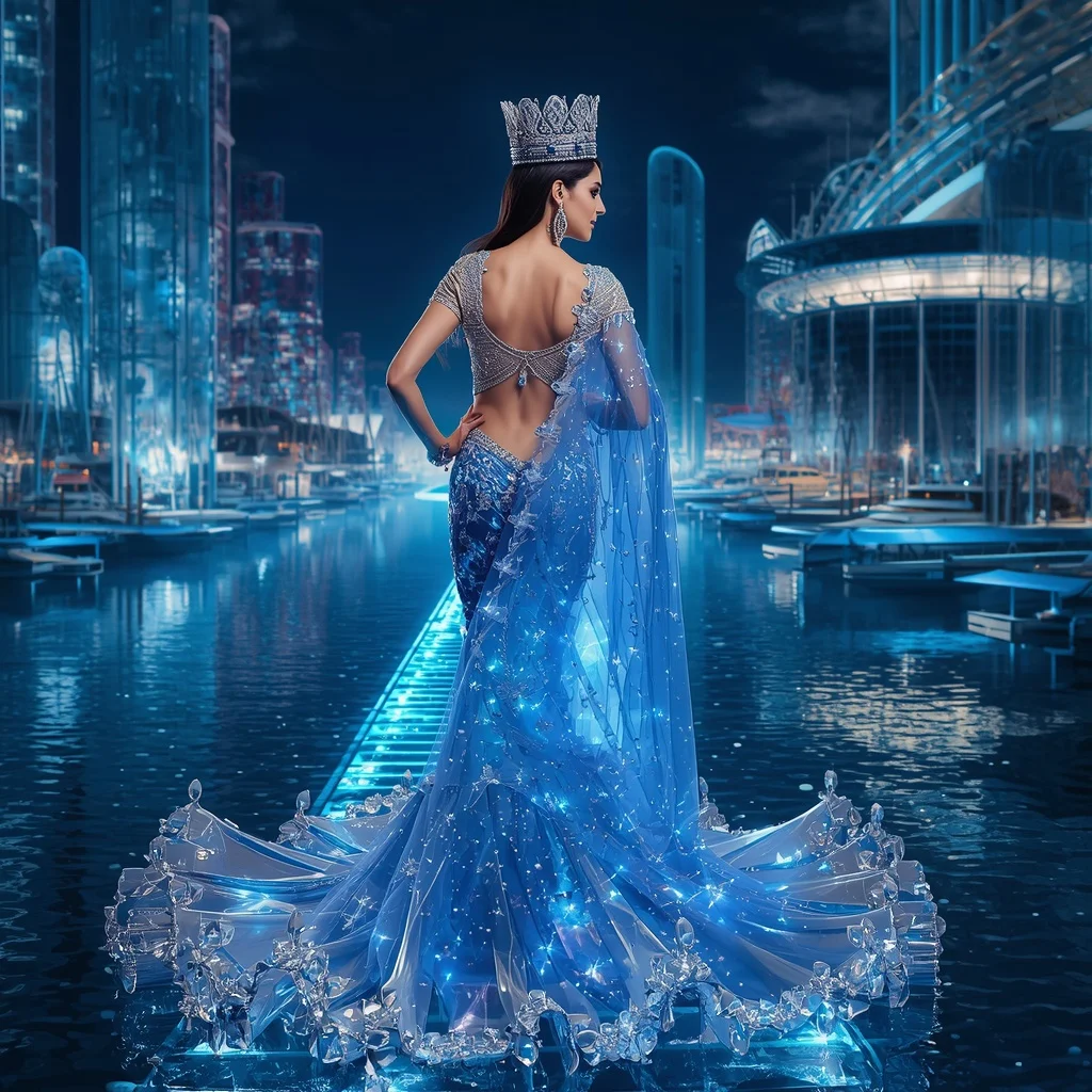 Crystal Harbor Crown Saree with Floating Royal Dock Kingdom | Instagram Aesthetic Ai Prompt