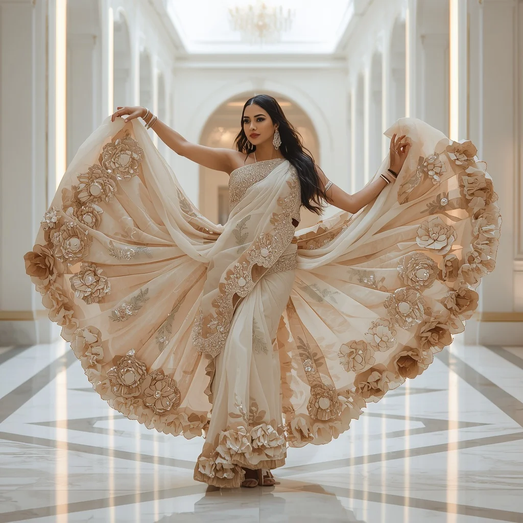 Crystal Infinity Bloom Saree with Luxury White Atrium | Lighting Ai Prompt