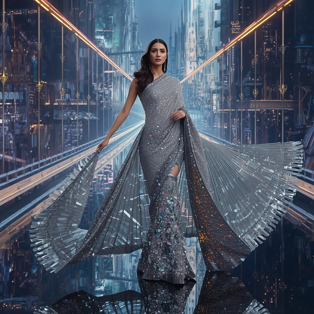 Crystal Infinity Bridge Saree with Floating Skyline Fashion Kingdom | Face Ai Prompt