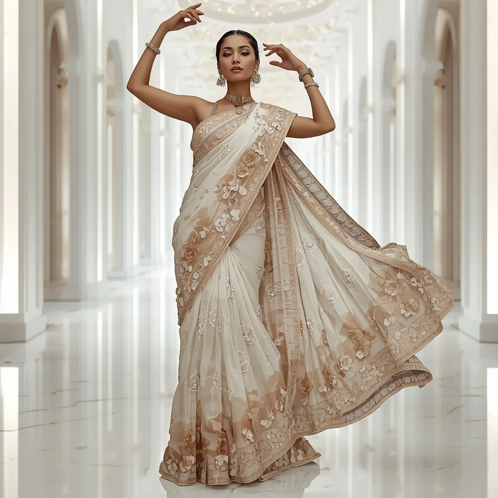 Crystal Infinity Camellia Saree with Luxury White Atrium | Lighting Ai Prompt