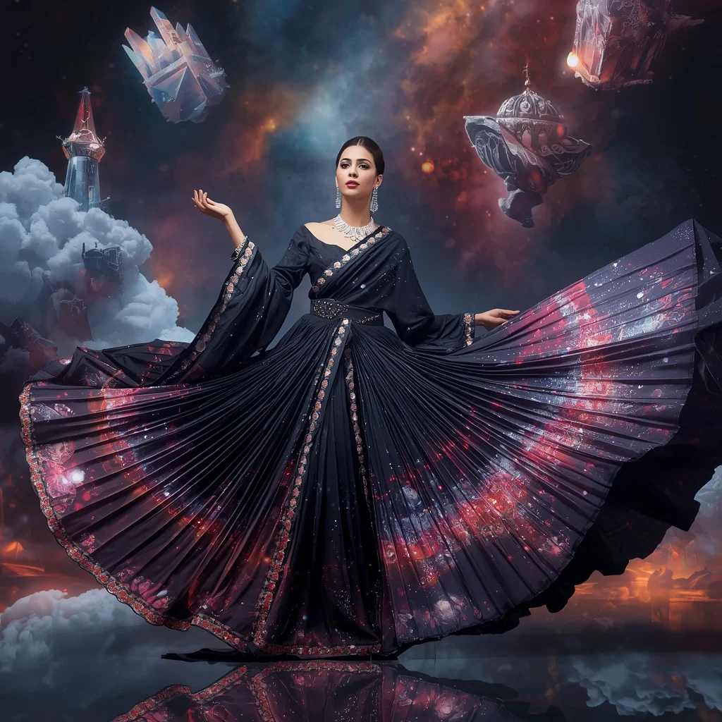 Crystal Ink Galaxy Saree with Floating Cosmic Painting Universe | Prompt Seen Trending Girl 2026 Butterfly