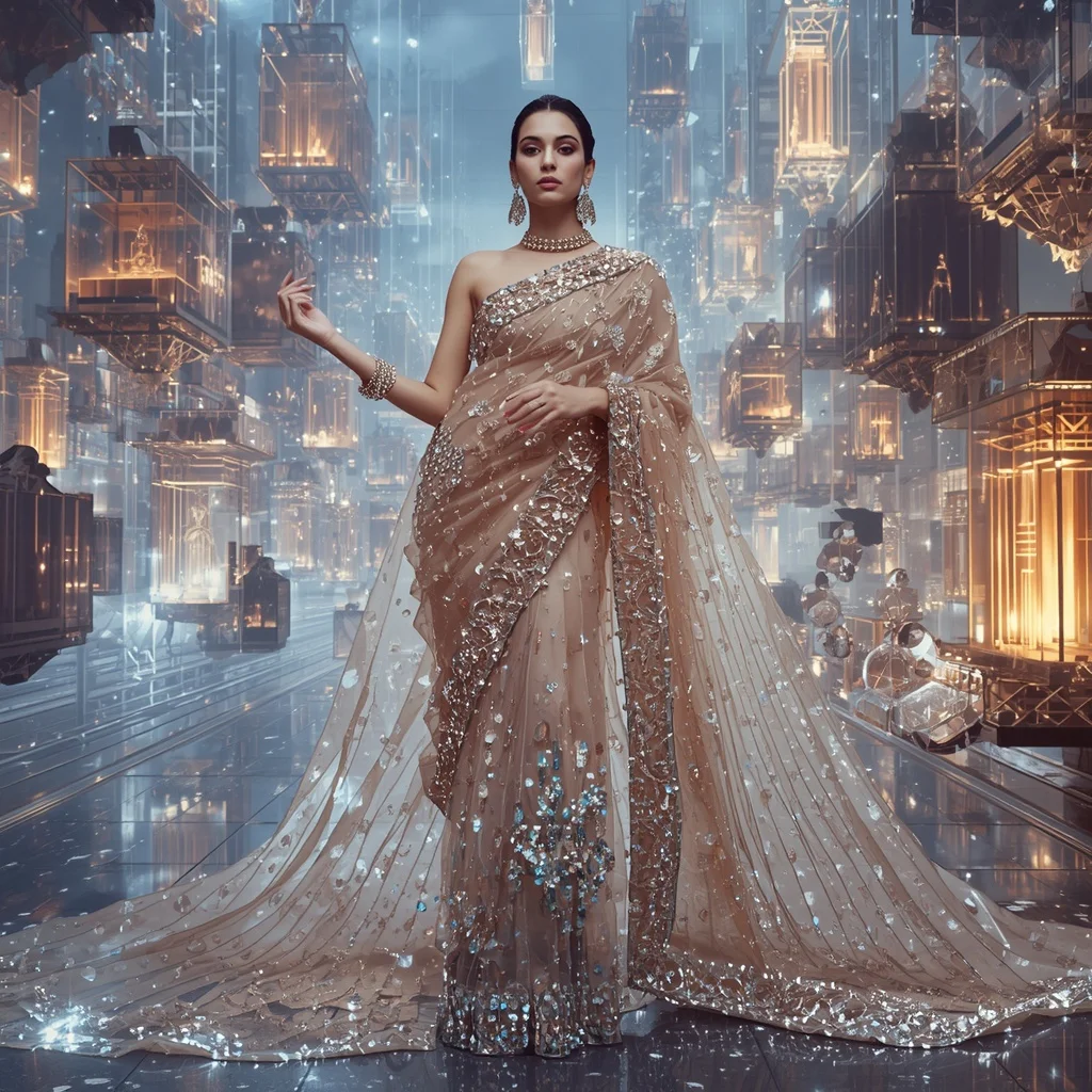Crystal Jelly Cube Saree with Floating Transparent Metropolis | Instagram Reel Ai Prompt