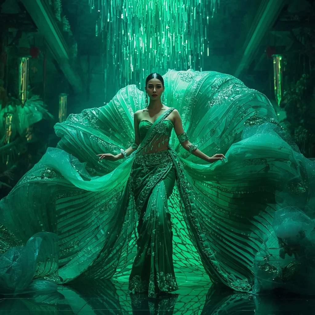 Crystal Jungle Waterfall Saree with Emerald Paradise Megacity | Instagram Highlight Cover Ai Prompt